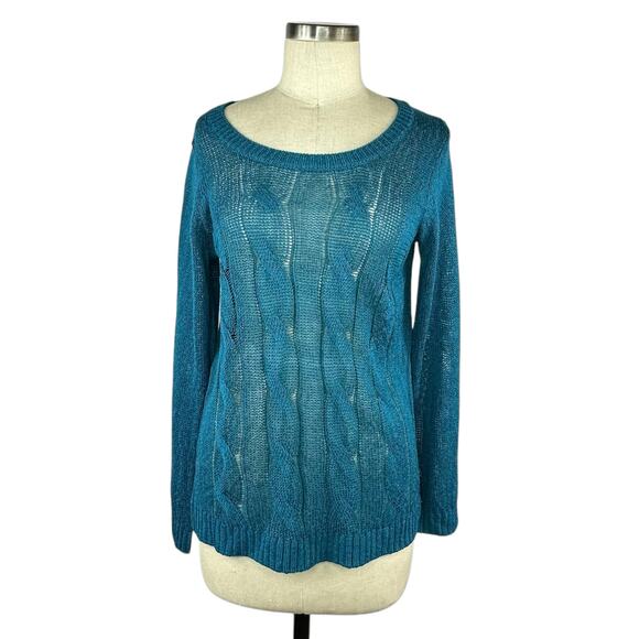 SOFT SURROUNDINGS Teal Blue Cable Knit Button Back Open Knit Sweater Women's S - Picture 1 of 6